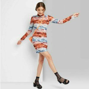 Wild Fable Women's Long Sleeve Ruched Mesh Bodycon Dress Rust/Blue Tie-Dye  NWT